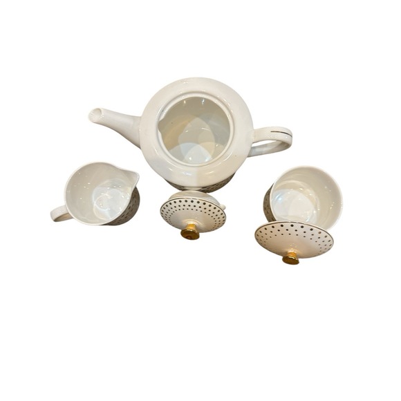 Grace's Teaware Teapot With Creamer &‎ Sugar Bowl White With Gold Polka Dots - Picture 2 of 8